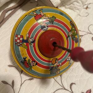 Vintage 1930s Spinning Top Toy Tin & Wood
